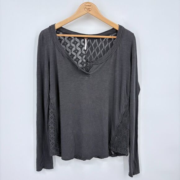 Free People Crochet Long Sleeve Top in Gray, Size Large, Sheer Back Boho - Picture 1 of 8